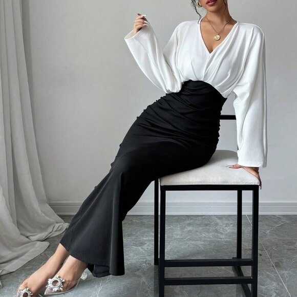 Black Elegant Women's Patchwork Long Sleeve Pleated Hem Casual Dress - Picture 3 of 6